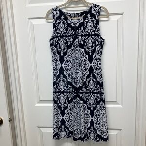 INC sleeveless dress, metal collar detail, medallion print, navy blue & white, M